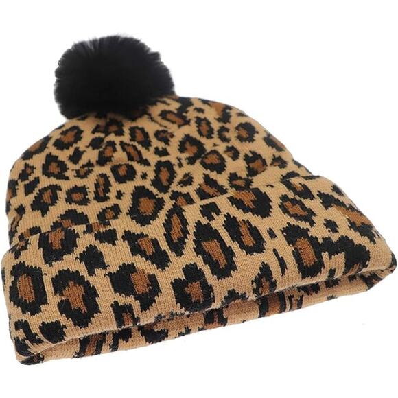 Winter Hat Leopard Print Unisex Cuffed Beanie Thick Knitted Warm Ski Cap - Picture 3 of 5